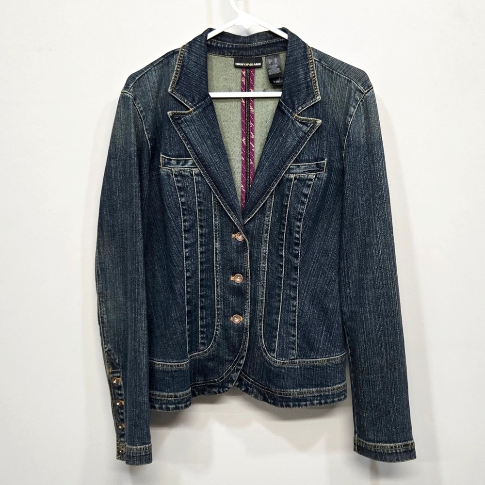 VTG Y2K DKNY Jeans Denim Blazer Jacket XL Dark Wash Fitted Stretch Indie Sleaze